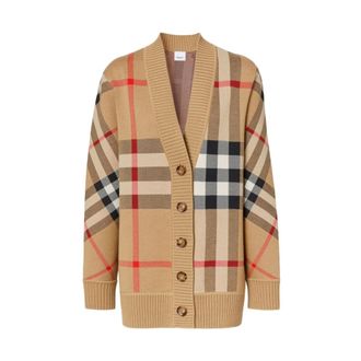 Burberry Truien & Vesten, Dames, Beige, M, Wol, Caragh Check Cardigan