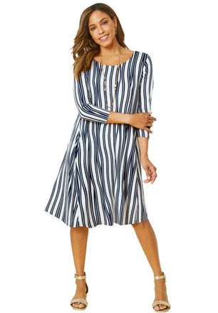 Jessica London Stretch Knit Three-Quarter Sleeve T-Shirt Dress in White Navy Stripe at Nordstrom, Size 30