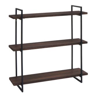 Hhg Hhg - Nunca Usado] Estante De Pared 631, Estante Colgante, Estante Flotante, 3 Estantes Madera Maciza Industrial 60x60x18cm, Marr&oacute;n Oscuro, Metal Negr