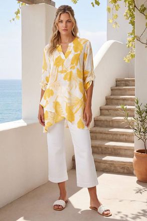 Roman Palm Print V-Neck Wrap Hem Tunic Top