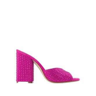 PARIS TEXAS Heeled Mules, female, Pink, Size: 7 1/2 US Crystal Almond Toe Sandals - Pink Ruby