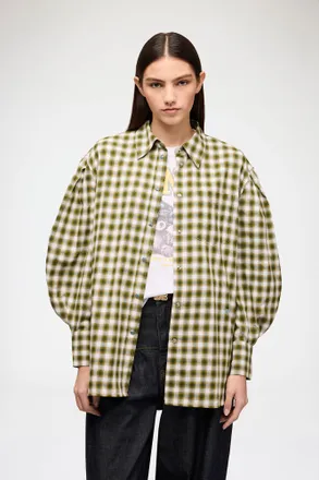 Ganni Green Moss Shirt in Light Check Flannel - Size 32 Organic Cotton
