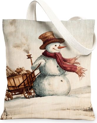 Generic Winter Snow Man Canvas Tote Bags, Cold Character Reusable Grocery Bags, Lightweight Washable Shoulder Strap Canvas for Travel Beach Picnic 13x15 Inch