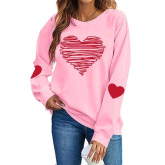 Generic Valentines Day Sweatshirts for Women UK Heart Print Relaxed Fit Round Neck Long Sleeve Tops Ladies Jumpers Soft Comfy Letter Printed Pullover Festive 