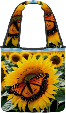 Generic Butterfly Sunflower Reversible Canvas Shoulder Tote - Double-Sided Print, 12oz Cotton, 27cm Drop, Fold-Flat Bag for Travel, Shopping, Street Outings