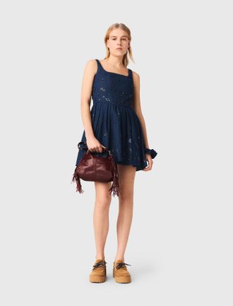 Maje Flared Embroidered Denim Dress - Navy - Maje