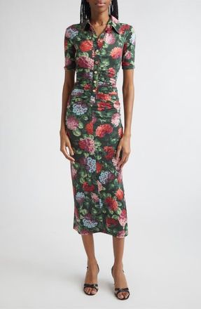 Carolina Herrera Hydrangea Ruched Jersey Polo Midi Dress in Racing Green Multi at Nordstrom, Size Medium