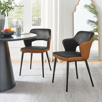 Furniturebox Kai 2x Black Velvet Tan Faux Leather Black Leg Dining Chair