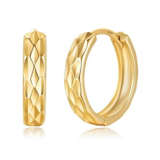 MAX + STONE 14K Yellow Gold Diamond Cut Huggie Hoop Earrings 13mm to 15mm