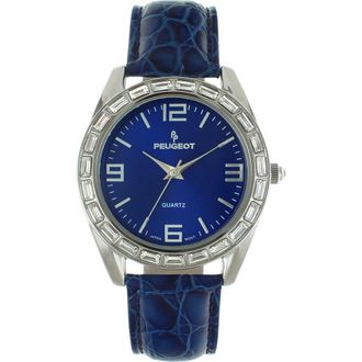 Peugeot Round Boyfriend Baguette Crystal Leather Watch- 40MM in Blue at Nordstrom