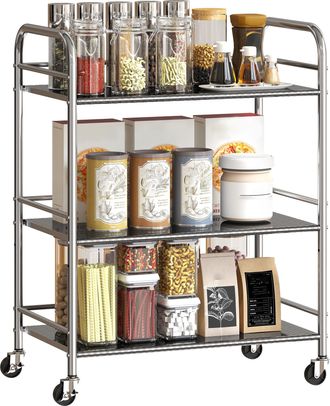 OEM Carrito Auxiliar Con Ruedas De Acero Inoxidable Carro De Servicio De 3 Niveles Con Estante Ajustable 60x35x77 Cm Plata