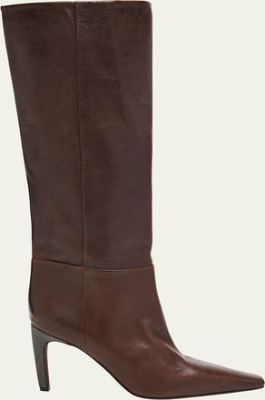 Brunello Cucinelli 80mm Leather Knee-High Boots with Monili Heel
