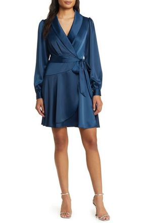 Vince Camuto Shawl Collar Long Sleeve Satin Dress in Peacock at Nordstrom, Size 8