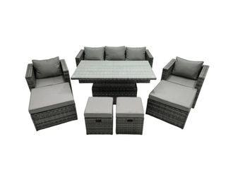 Fimous Rattan Lounge Sofa Rising Dining Table Set & 4 Footstool in Dark Grey