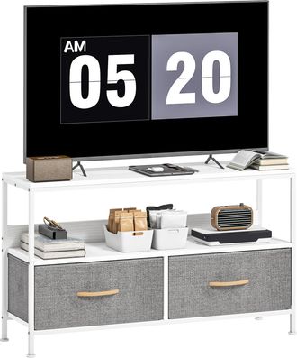 OEM Mueble De Tv Con Estante Y 2 Cajones De Tela Plegables Para Televisores Hasta 47 Pulgadas Largo De 98 Cm Blanco Y Gris