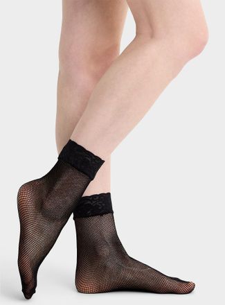 Simons Womens Lace trim fishnet ankle socks