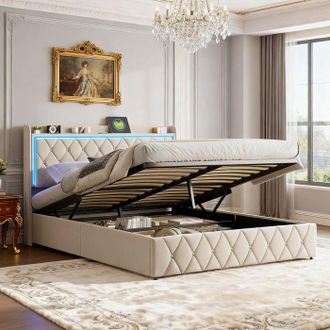 OEM Cama Lit 140x190 - Cwxl - Somier De Lamas - Cabecera Capitonada De Terciopelo Beige - Led Y Usb