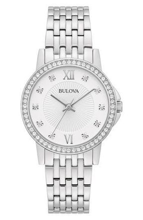 Bulova Crystal Embellished Three Hand Quartz Bracelet Watch, 32mm in Silver at Nordstrom Rack