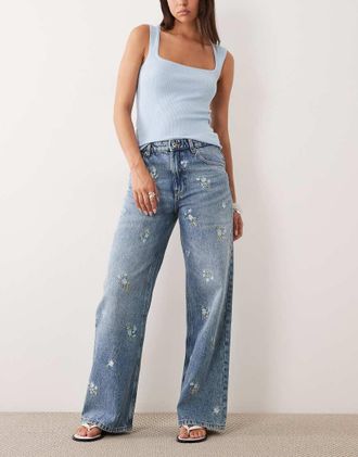 Mango Beverly - Jeans dritti in misto cotone blu con ricami floreali