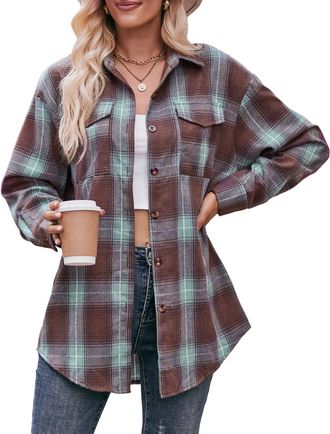 Feoya Womens Color Block Long Sleeve Overshirt Tartan Shirts Button Down Blouse Top Casual Plaid Shirt Classic Long Sleeve Shirt Flannel Checked Shirt with 