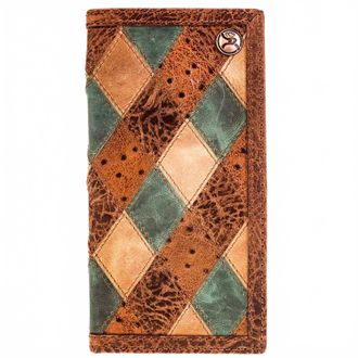 Hooey Mens Roughy Ostrich Print Leather Diamond Patchwork Rodeo Wallet In Ouray - Brown & Turquoise