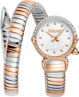 Just Cavalli Womenss Snake Watch, Two Tone Silver & Rose Gold Color Case, Silver dial, Two oned Stainless Steel Bracelet
