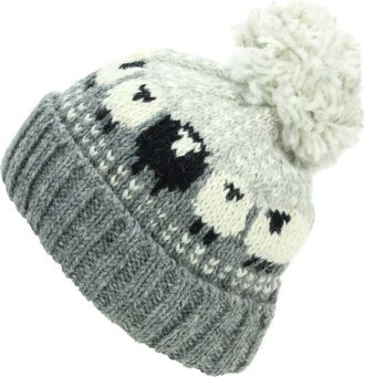 Loud Elephant Hand Knitted Wool Beanie Bobble Hat - Sheep - Grey