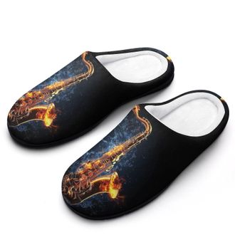 Generic Saxophone Water Fire Womens Slippers Warm House Slippers Indoor House Shoes with Anti-Skid Rubber Sole