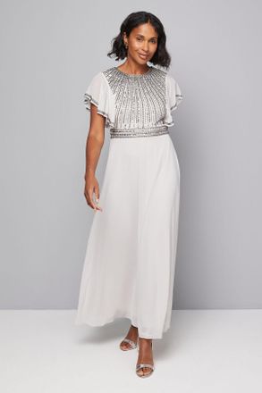 Wallis Womens Embellished Ruffle Sleeve Maxi Dress - Grey - Size 12 UK