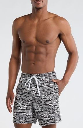 Billabong Allover Logo Volley Swim Trunks in Black at Nordstrom Rack, Size X-Large