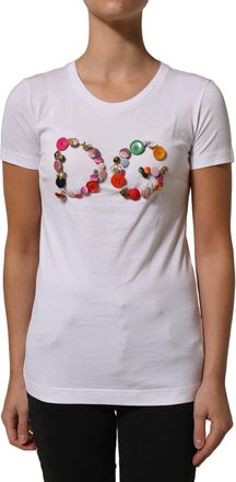 Dolce & Gabbana Womens White Dg Logo Embellished Round Neck T-Shirt Cotton
