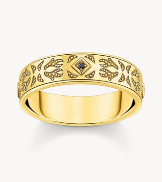 Thomas Sabo Anello a fascia placcato oro con motivo decorativo e zirconia nera