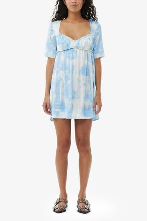 Ganni Blue Printed Satin Short Sleeve Mini Dress - Size 32 Elastane