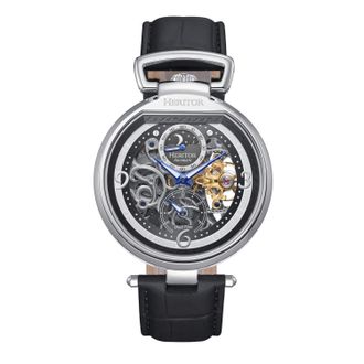 Heritor Mens Lincoln Leather-Band Skeleton Watch with Moon Phase - Black Stainless Steel - One Size