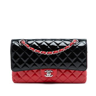 Chanel Pre-owned Womens Medium Classic Bicolor Patent Double Flap - Black Leather - One Size