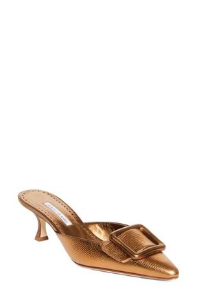 Manolo Blahnik Maysale Buckle Lizard Embossed Metallic Pointed Toe Kitten Heel Mule in Bronze at Nordstrom, Size 10.5Us