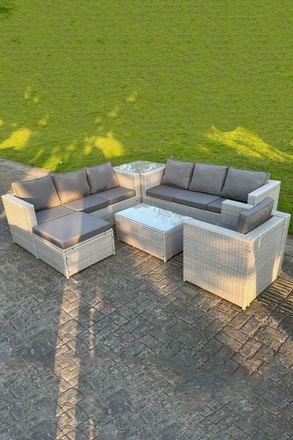 Fimous Light Grey PE Rattan Garden Furniture Set Corner Lounge Sofa Set Oblong Square Coffee