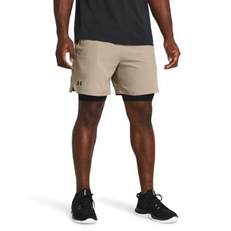 Under Armour Vanish 2-in-1 Shorts Mens Taupe Black Woven Brief Lined DSGL176
