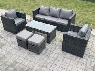 Fimous Lounge Rattan Sofa Set Outdoor Garden Furniture Oblong Rectangular Coffee Table With 2 Chairs in Dark Grey