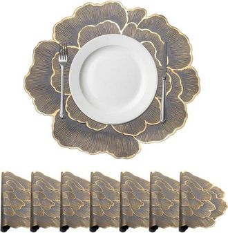 OEM Juego De 8 Manteles Individuales Florales, 38 &times; 38 Cm, 1,5 Mm De Grosor, Pvc, Lavable, Elegante Y Vers&aacute;til, Base Dorada Y Gris