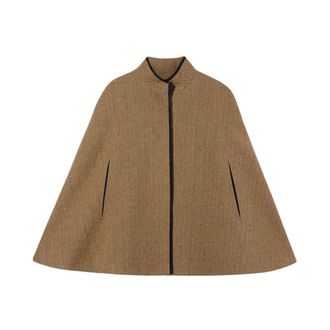 Brooks Brothers Visgraat Cape Jas - Dames - Ponchos - Bruin - XS - Wol - Jassen