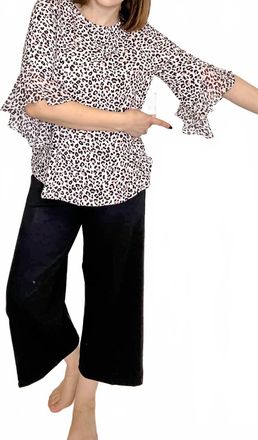 Multiples Animal Print Flounce Sleeve Top In Black & Blush