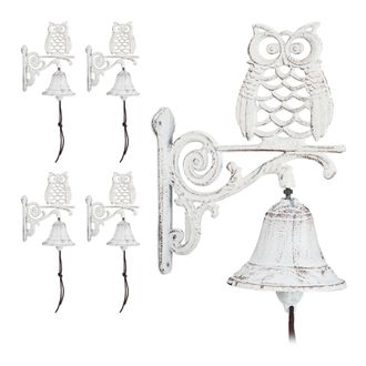 Relaxdays 5 Campanas Pared Hierro Fundido B&uacute;ho, Efecto Antiguo, Cuerda, Para Exterior, Decoraci&oacute;n Jard&iacute;n, Blanco