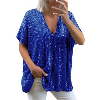Generic Sequin Tops for Women UK Loose Sexy Deep V Neck Short Sleeve Glitter Sequin T Shirts Plus Size Fashion Solid Sparkly Blouses Evening Party Club Tee Sh
