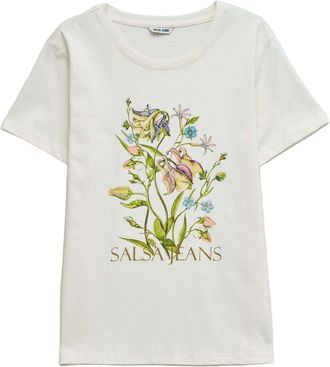 Salsa T-Shirt SALSA Salsa Jeans T-Shirt Flower Print, Damen, Gr. XS, wei&szlig;, Obermaterial: 100% Baumwolle CO., Shirts T-Shirt