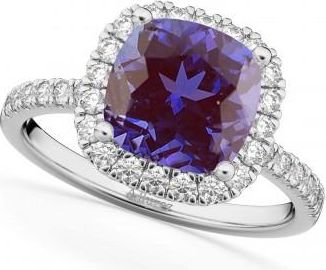 Allurez Cushion Cut Halo Lab Alexandrite & Diamond Engagement Ring 14k White Gold (3.11ct)