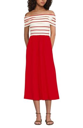 Lands End Off the Shoulder Slender Mixed Media Dress in Ivory/bright Poppy Stripe at Nordstrom, Size X-Large