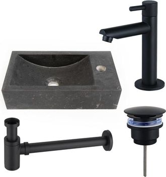Saniclass Fuente fonteinset - 40x22 - 1 kraangat - rechts - natuursteen - fonteinkraan zwart mat - donker