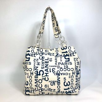 Chanel Navy White Canvas Shoulder Bag Tote Bag (Pre-Owned)
