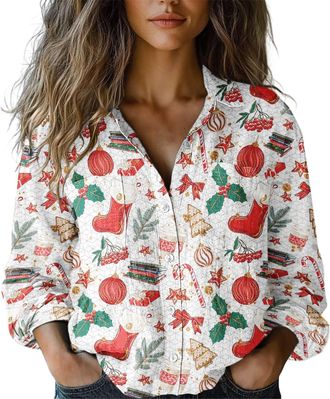 Generic Womens Casual Christmas Long Sleeve Button Down Shirt - Printed Holiday Patterns for Family Gatherings & Xmas Parties (UK, Alpha, S, Regular, Regular,